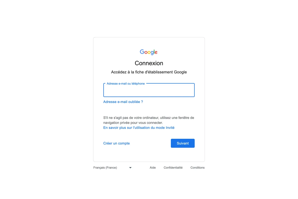 Écran de connexion Google « Accédez à la fiche d'établissement Google » avec le champ adresse e-mail