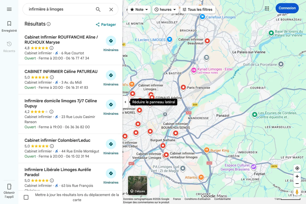 Recherche « infirmière à limoges » sur Google Maps : la liste des cabinets à gauche et la carte avec les épingles à droite