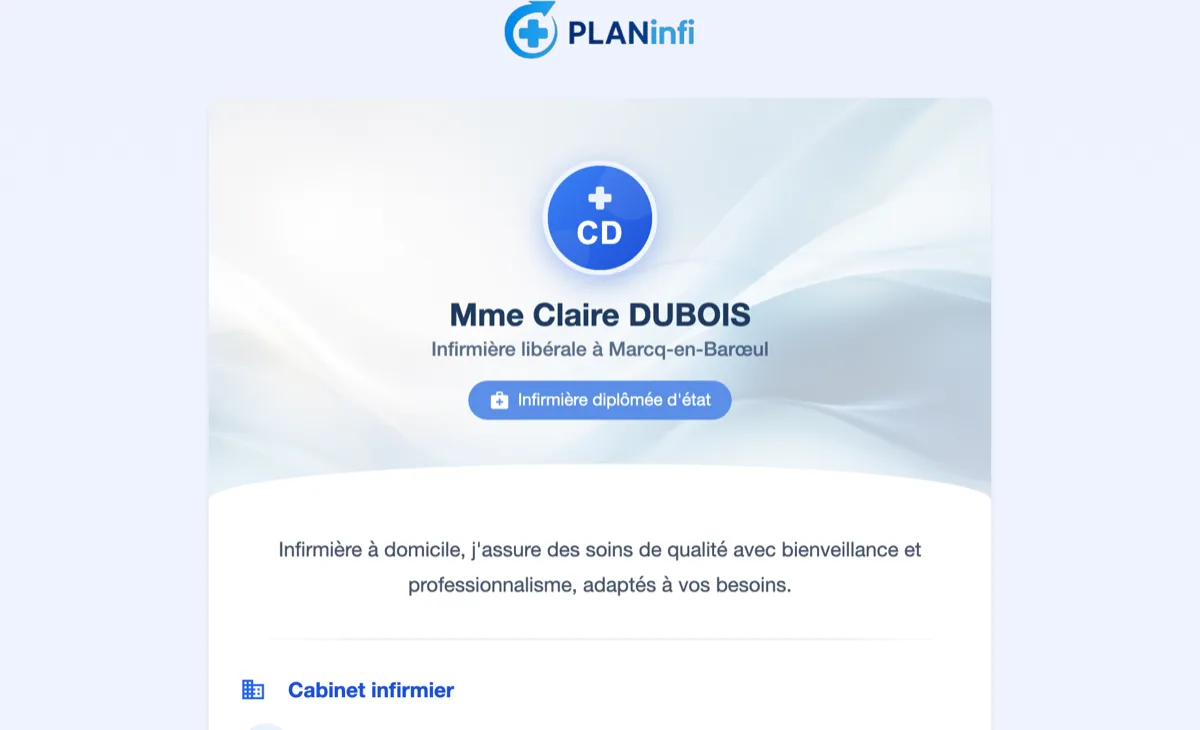 Exemple de page professionnelle PlanInfi d'une infirmière : présentation et informations du cabinet